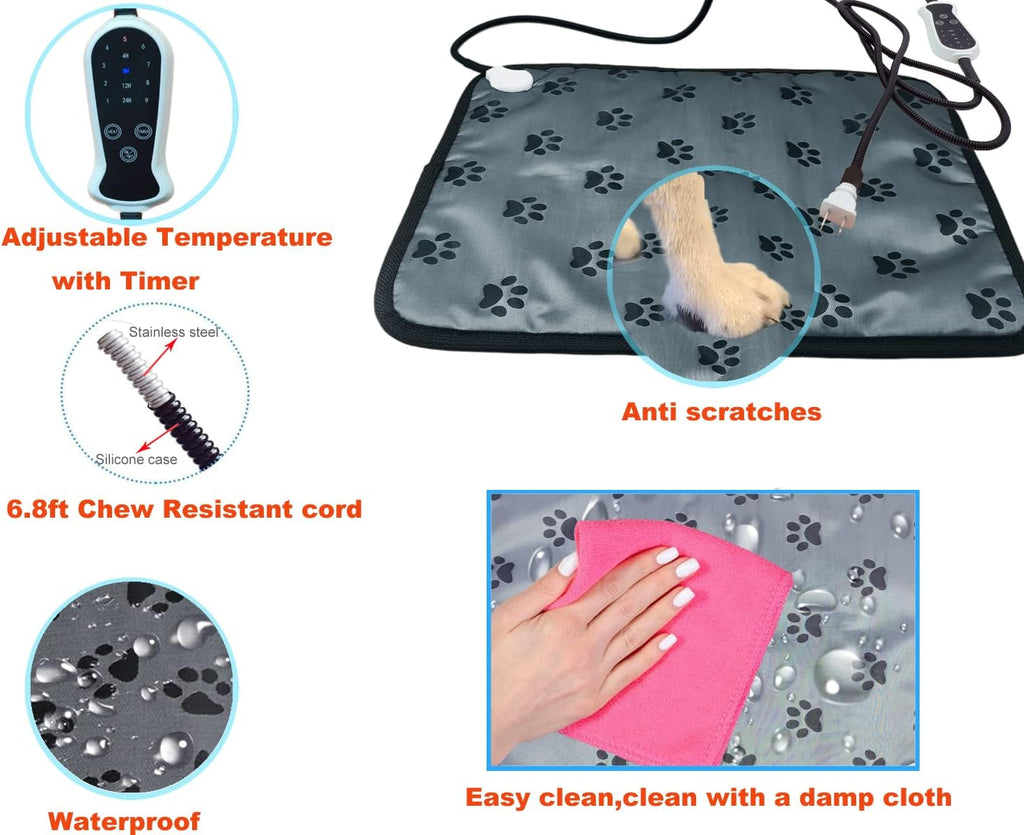Pet Heating Pad 34"X21" Large Dog Cat Heating Pad Heated Ped Beds Dogs House Heater Electric Warming Pad for Puppies with Timer,Chew Resistant Cord,Easy Clean,Waterproof