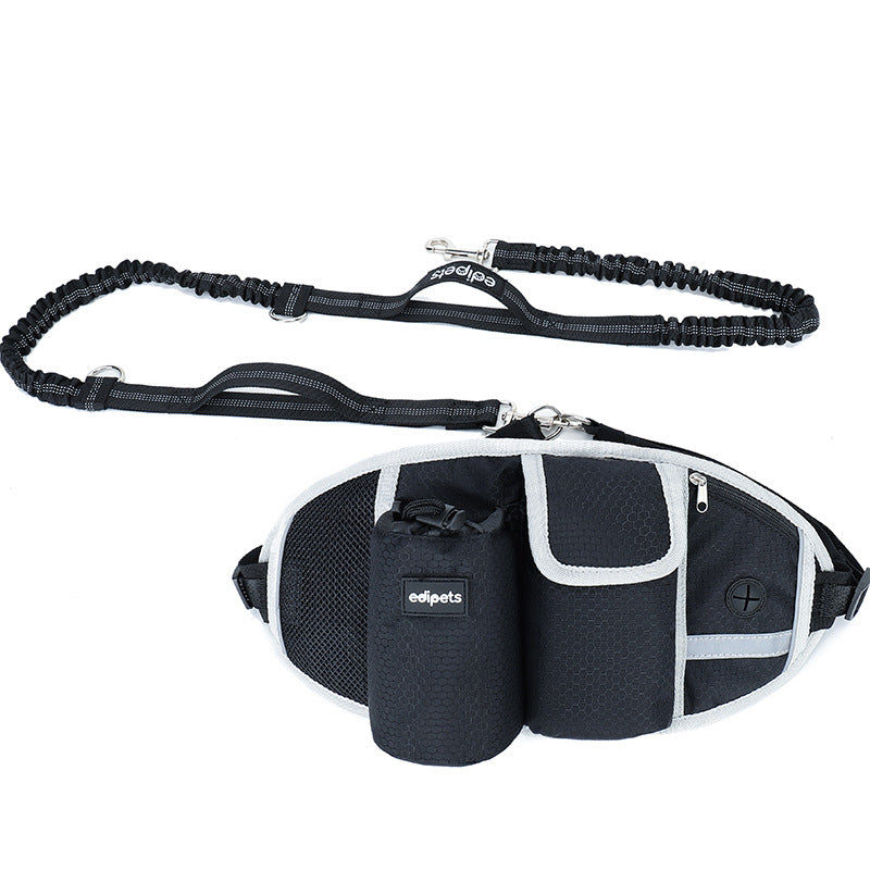 Hands-free dog leash waist belt with treat and waste bag pouch
