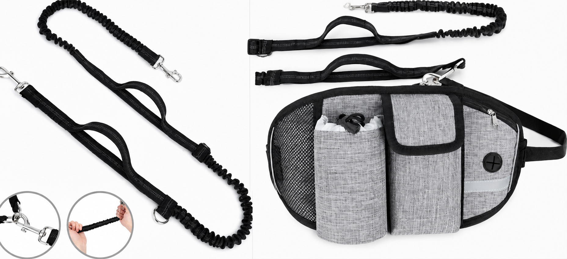Feature overview of the hands-free dog training leash and waist bag