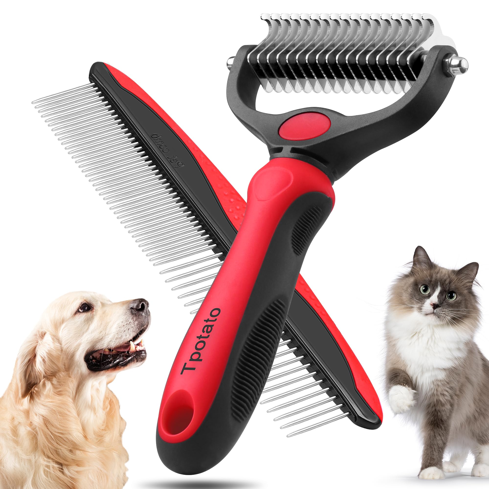 Deshedding brush and fine-tooth comb set for long-haired dogs and cats