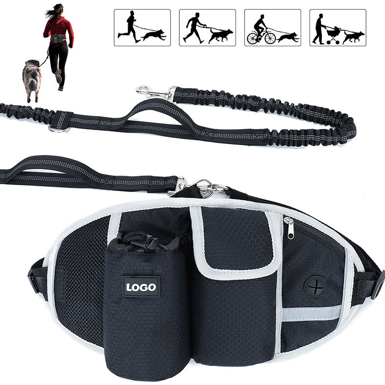Hands-free dog training leash with waist belt and built-in storage bag
