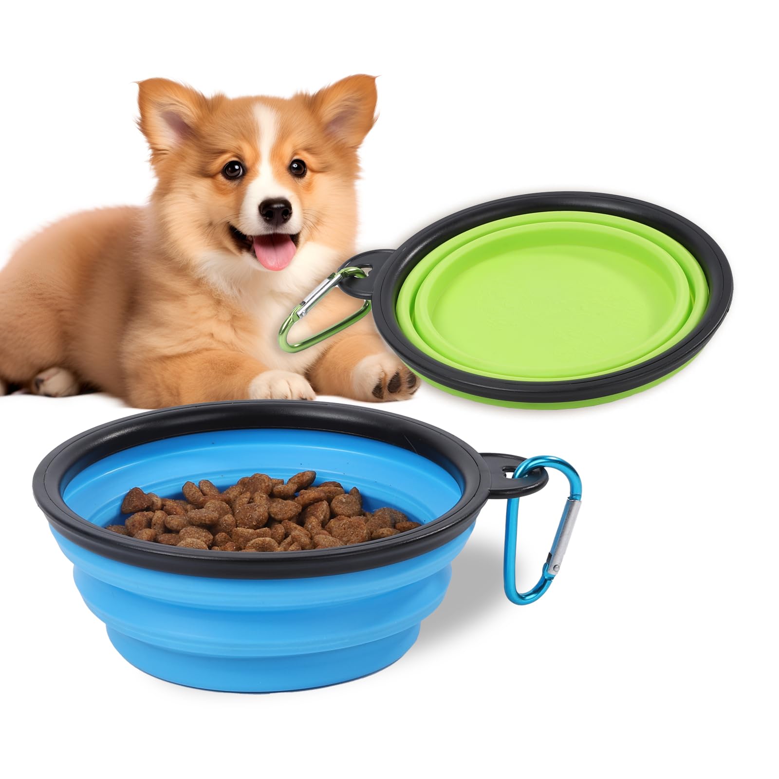 Collapsible pet travel bowls shown folded flat to save space in a bag
